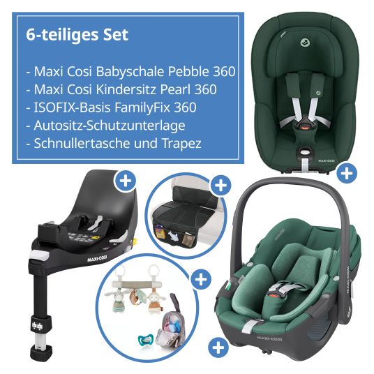 Maxi-Cosi Set 3in1 seggiolino auto e reboarder FamilyFix 360 dalla nascita ai 4 anni (40 - 105 cm) con seggiolino auto Pebble 360 e seggiolino Pearl 360 inclusi FamilyFix, cuscinetto protettivo, imbracatura e borsa portaciuccio - Verde