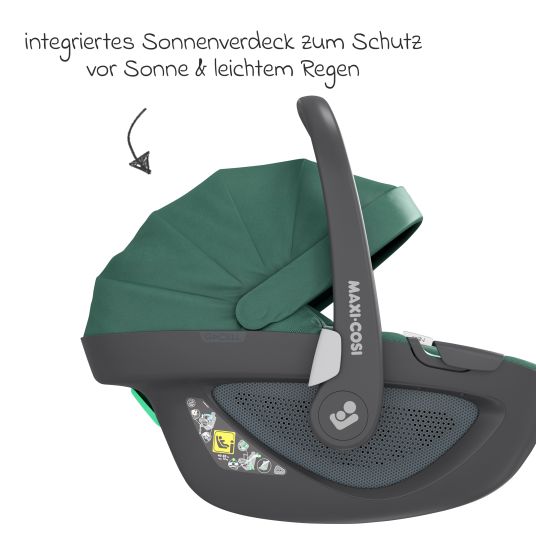 Maxi-Cosi 3in1 Babyschale & Reboarder-Set FamilyFix 360 ab Geburt bis 4 Jahre (40 - 105 cm) mit Babyschale Pebble 360 & Kindersitz Pearl 360 inkl. Isofix-Basis FamilyFix, Schutzunterlage, Activity-Trapez & Schnullertasche - Green