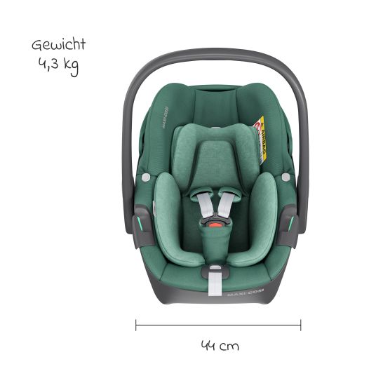 Maxi-Cosi 3in1 Babyschale & Reboarder-Set FamilyFix 360 ab Geburt bis 4 Jahre (40 - 105 cm) mit Babyschale Pebble 360 & Kindersitz Pearl 360 inkl. Isofix-Basis FamilyFix, Schutzunterlage, Activity-Trapez & Schnullertasche - Green