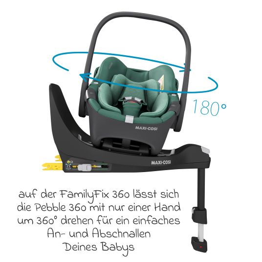 Maxi-Cosi Set 3in1 seggiolino auto e reboarder FamilyFix 360 dalla nascita ai 4 anni (40 - 105 cm) con seggiolino auto Pebble 360 e seggiolino Pearl 360 inclusi FamilyFix, cuscinetto protettivo, imbracatura e borsa portaciuccio - Verde