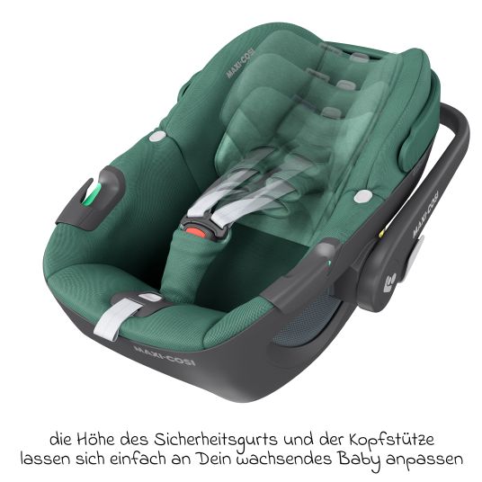 Maxi-Cosi 3in1 Babyschale & Reboarder-Set FamilyFix 360 ab Geburt bis 4 Jahre (40 - 105 cm) mit Babyschale Pebble 360 & Kindersitz Pearl 360 inkl. Isofix-Basis FamilyFix, Schutzunterlage, Activity-Trapez & Schnullertasche - Green