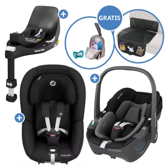 Maxi-Cosi Set 3in1 seggiolino auto e reboarder FamilyFix 360 dalla nascita a 4 anni (40 - 105 cm) con seggiolino auto Pebble 360 e seggiolino Pearl 360 inclusi FamilyFix, cuscinetto protettivo, imbracatura e borsa portaciuccio - Nero