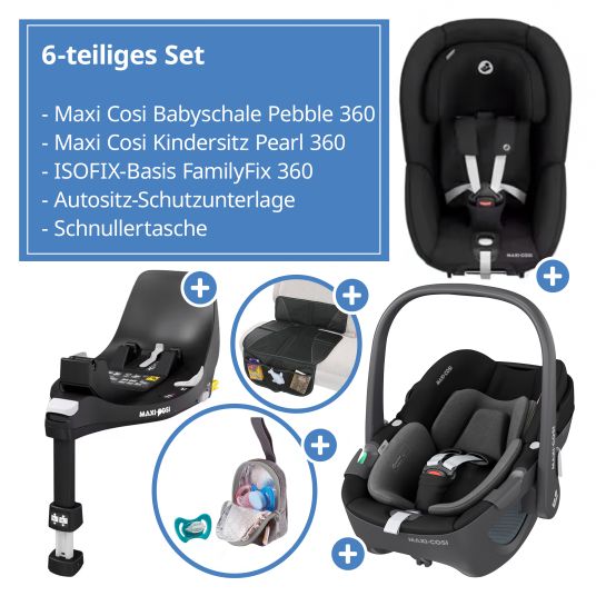 Maxi-Cosi Set 3in1 seggiolino auto e reboarder FamilyFix 360 dalla nascita a 4 anni (40 - 105 cm) con seggiolino auto Pebble 360 e seggiolino Pearl 360 inclusi FamilyFix, cuscinetto protettivo, imbracatura e borsa portaciuccio - Nero