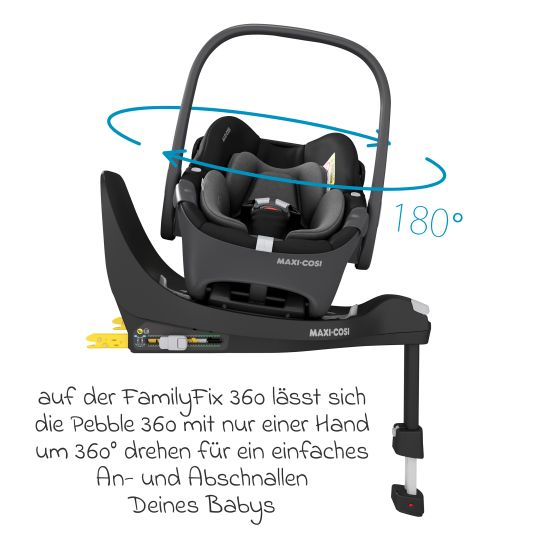 Maxi-Cosi 3in1 Babyschale & Reboarder-Set FamilyFix 360 ab Geburt bis 4 Jahre (40 - 105 cm) mit Babyschale Pebble 360 & Kindersitz Pearl 360 inkl. Isofix-Basis FamilyFix, Schutzunterlage & Schnullertasche - Black