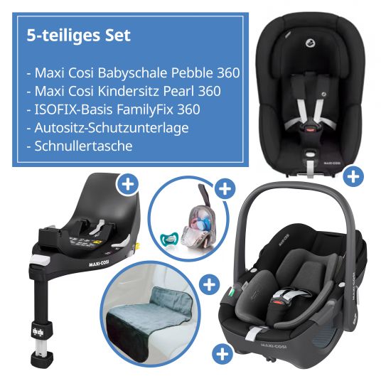 Maxi-Cosi 3in1 infant car seat & reboarder set FamilyFix 360 from birth to 4 years (40 cm - 105 cm) with infant car seat Pebble 360 & child seat Pearl 360 incl. Isofix base FamilyFix, protective pad & pacifier bag - Black