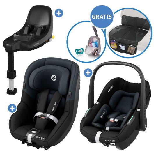 Maxi-Cosi 3in1 Babyschalen & Kindersitz-Set FamilyFix S ab Geburt bis 4 Jahre (40cm - 105 cm mit Babyschale Pebble S & Kindersitz Pearl S inkl. Isofix-Basis FamilyFix S, Schutzunterlage & Schnullertasche - Tonal Black