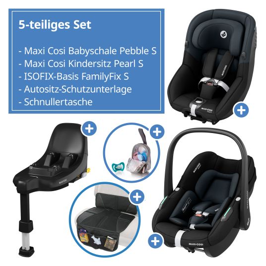 Maxi-Cosi 3in1 Babyschalen & Kindersitz-Set FamilyFix S ab Geburt bis 4 Jahre (40cm - 105 cm mit Babyschale Pebble S & Kindersitz Pearl S inkl. Isofix-Basis FamilyFix S, Schutzunterlage & Schnullertasche - Tonal Black