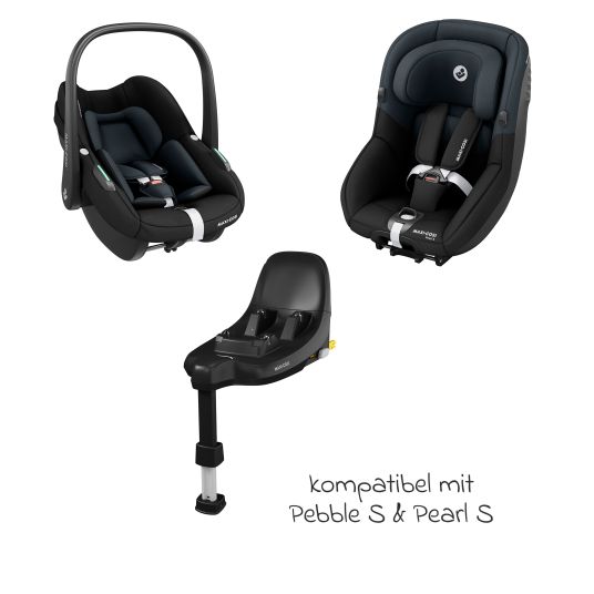 Maxi-Cosi 3in1 Babyschalen & Kindersitz-Set FamilyFix S ab Geburt bis 4 Jahre (40cm - 105 cm mit Babyschale Pebble S & Kindersitz Pearl S inkl. Isofix-Basis FamilyFix S, Schutzunterlage & Schnullertasche - Tonal Black