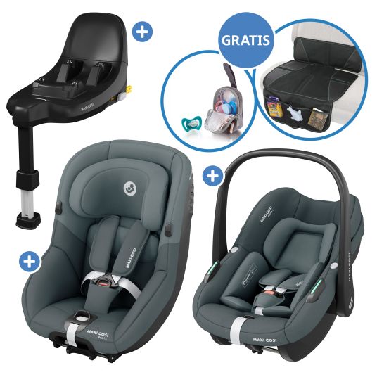 Maxi-Cosi 3in1 Babyschalen & Kindersitz-Set FamilyFix S ab Geburt bis 4 Jahre (40cm - 105 cm mit Babyschale Pebble S & Kindersitz Pearl S inkl. Isofix-Basis FamilyFix S, Schutzunterlage & Schnullertasche - Tonal Graphite