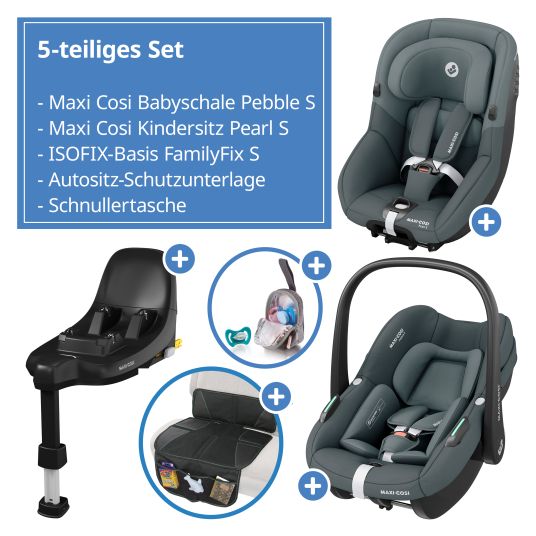 Maxi-Cosi 3in1 Babyschalen & Kindersitz-Set FamilyFix S ab Geburt bis 4 Jahre (40cm - 105 cm mit Babyschale Pebble S & Kindersitz Pearl S inkl. Isofix-Basis FamilyFix S, Schutzunterlage & Schnullertasche - Tonal Graphite