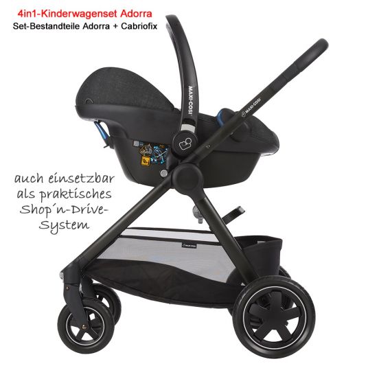 Maxi-Cosi 4 in 1 Kinderwagen-Set Adorra inkl. Babywanne Oria, Babyschale Cabriofix & FamilyFix - Nomad Black