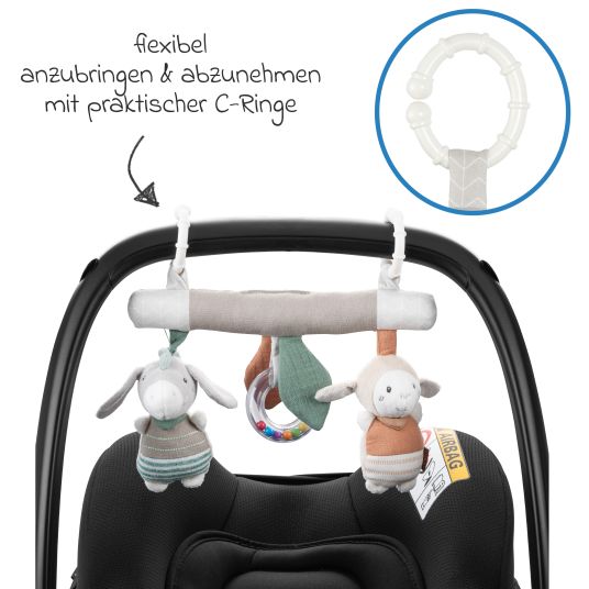 Maxi-Cosi Babyschale Babyschale CabrioFix i-Size ab Geburt - 12 Monate (40-75 cm) & Sitzverkleinerer, Sonnenverdeck inkl. Fehn Activity-Trapez Esel & Schaf - Essential Black
