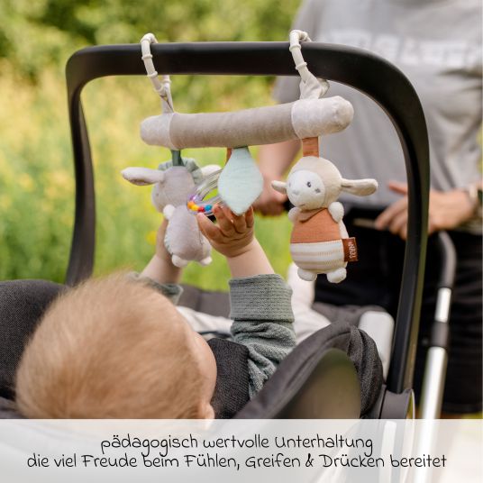 Maxi-Cosi Babyschale Babyschale CabrioFix i-Size ab Geburt - 12 Monate (40-75 cm) & Sitzverkleinerer, Sonnenverdeck inkl. Fehn Activity-Trapez Esel & Schaf - Essential Black