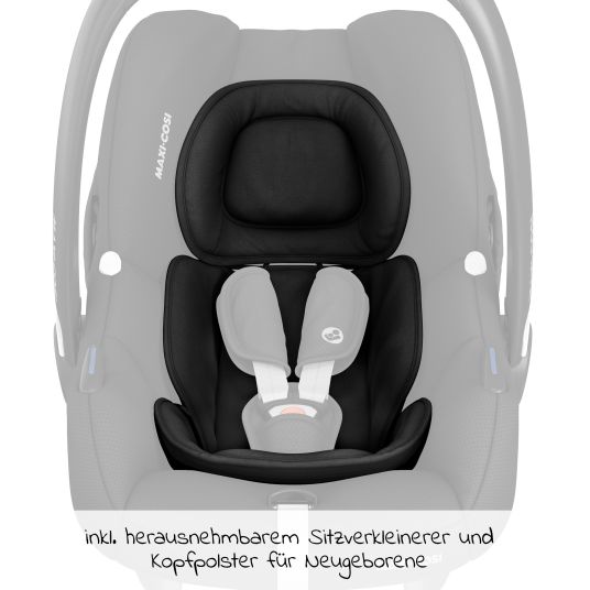 Maxi-Cosi Babyschale Babyschale CabrioFix i-Size ab Geburt - 12 Monate (40-75 cm) & Sitzverkleinerer, Sonnenverdeck, Regenschutz, Insektenschutz - Essential Black