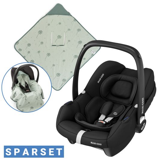 Maxi-Cosi Babyschale CabrioFix i-Size ab Geburt - 12 Monate (40-75 cm) & Sitzverkleinerer, Sonnenverdeck inkl. Einschlagedecke Pusteblume - Essential Black