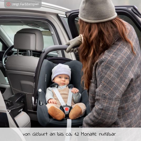 Maxi-Cosi Babyschale CabrioFix i-Size ab Geburt - 12 Monate (40-75 cm) & Sitzverkleinerer, Sonnenverdeck inkl. Einschlagedecke Pusteblume - Essential Black