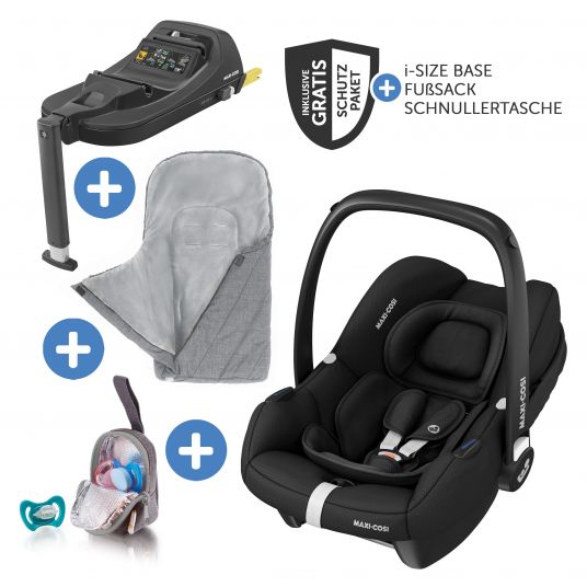 Maxi-Cosi Babyschale CabrioFix i-Size ab Geburt-12 Monate (40-75 cm) inkl. i-Size Base, Fußsack & Schnullerbox - Essential Black