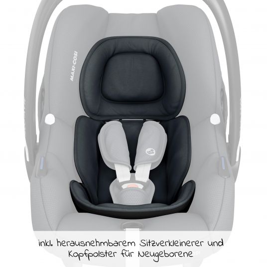 Maxi-Cosi Babyschale CabrioFix i-Size ab Geburt-12 Monate (40-75 cm) inkl. i-Size Base, Fußsack & Schnullerbox - Essential Graphite