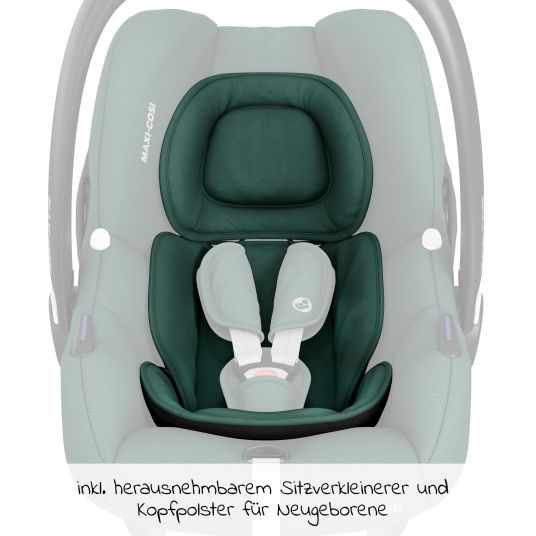 Maxi-Cosi Babyschale CabrioFix i-Size ab Geburt-12 Monate (40-75 cm) inkl. i-Size Base, Fußsack & Schnullerbox - Essential Green