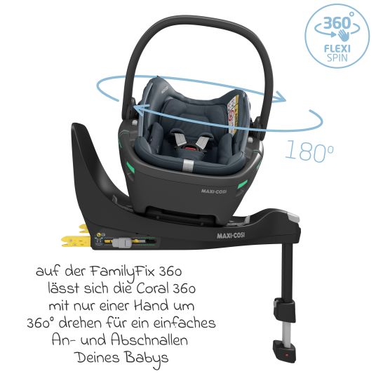 Maxi-Cosi Babyschale Coral 360 i-Size ab Geburt bis 12 kg (40 cm - 75 cm) mit Soft Carrier & Sonnenverdeck - Essential Graphite