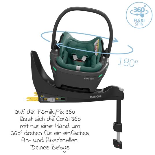 Maxi-Cosi Babyschale Coral 360 i-Size ab Geburt bis 12 kg (40 cm - 75 cm) mit Soft Carrier & Sonnenverdeck - Essential Green