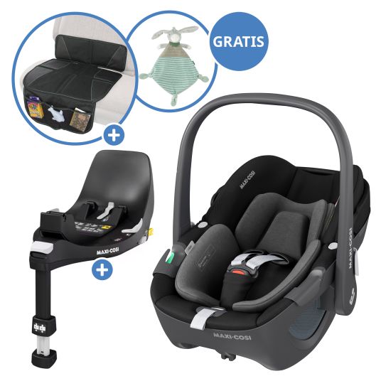 Maxi-Cosi Seggiolino auto girevole Pebble 360 i-Size dalla nascita a 15 mesi (40 cm - 83 cm) con base FamilyFix 360 Isofix, tappetino protettivo e panno per le coccole - Essential Nero