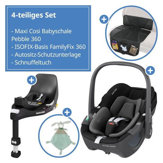 Maxi-Cosi Babyschale Pebble 360 i-Size drehbar ab Geburt - 15 Monate (40 cm - 83 cm) inkl. Isofix-Basis FamilyFix 360, Schutzunterlage & Schmusetuch - Essential Black