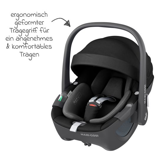 Maxi-Cosi Seggiolino auto girevole Pebble 360 i-Size dalla nascita a 15 mesi (40 cm - 83 cm) con base FamilyFix 360 Isofix, tappetino protettivo e panno per le coccole - Essential Nero