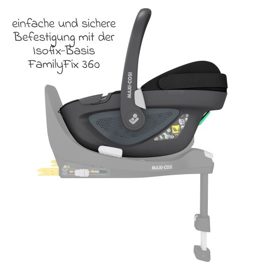 Maxi-Cosi Seggiolino auto girevole Pebble 360 i-Size dalla nascita a 15 mesi (40 cm - 83 cm) con base FamilyFix 360 Isofix, tappetino protettivo e panno per le coccole - Essential Nero