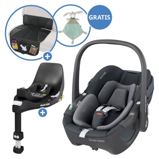 Maxi-Cosi Babyschale Pebble 360 i-Size drehbar ab Geburt - 15 Monate (40 cm - 83 cm) inkl. Isofix-Basis FamilyFix 360, Schutzunterlage & Schmusetuch - Essential Graphite