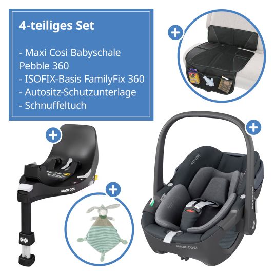 Maxi-Cosi Seggiolino auto girevole Pebble 360 i-Size dalla nascita a 15 mesi (40 cm - 83 cm) con base Isofix FamilyFix 360, tappetino protettivo e panno per le coccole - Essential Graphite