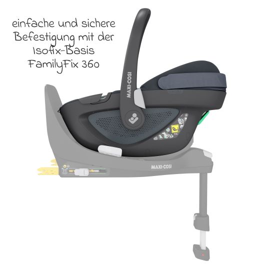 Maxi-Cosi Seggiolino auto girevole Pebble 360 i-Size dalla nascita a 15 mesi (40 cm - 83 cm) con base Isofix FamilyFix 360, tappetino protettivo e panno per le coccole - Essential Graphite