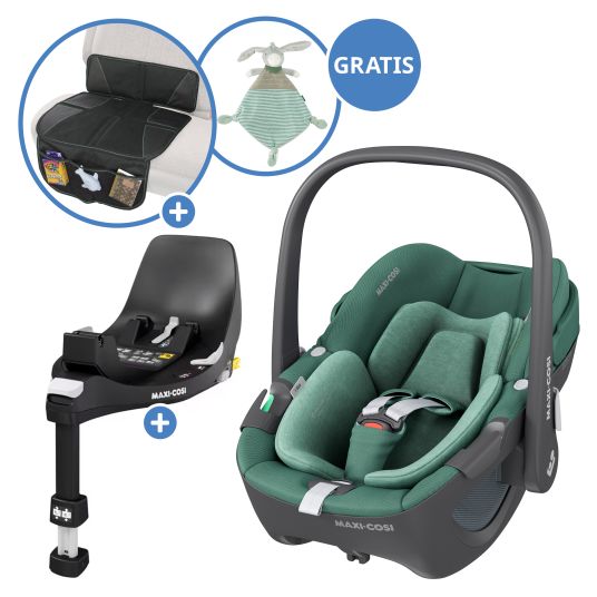 Maxi-Cosi Seggiolino auto girevole Pebble 360 i-Size dalla nascita a 15 mesi (40 cm - 83 cm) con base FamilyFix 360 Isofix, tappetino protettivo e panno per le coccole - Verde Essenziale