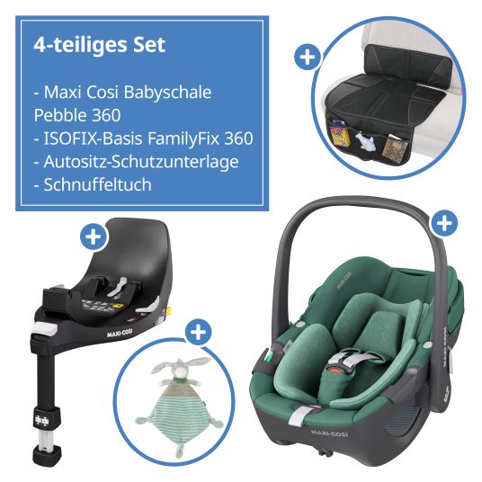 Maxi-Cosi Seggiolino auto girevole Pebble 360 i-Size dalla nascita a 15 mesi (40 cm - 83 cm) con base FamilyFix 360 Isofix, tappetino protettivo e panno per le coccole - Verde Essenziale