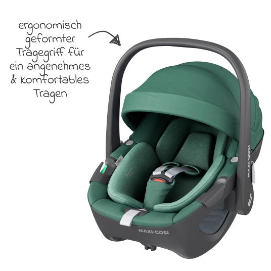 Maxi-Cosi Seggiolino auto girevole Pebble 360 i-Size dalla nascita a 15 mesi (40 cm - 83 cm) con base FamilyFix 360 Isofix, tappetino protettivo e panno per le coccole - Verde Essenziale