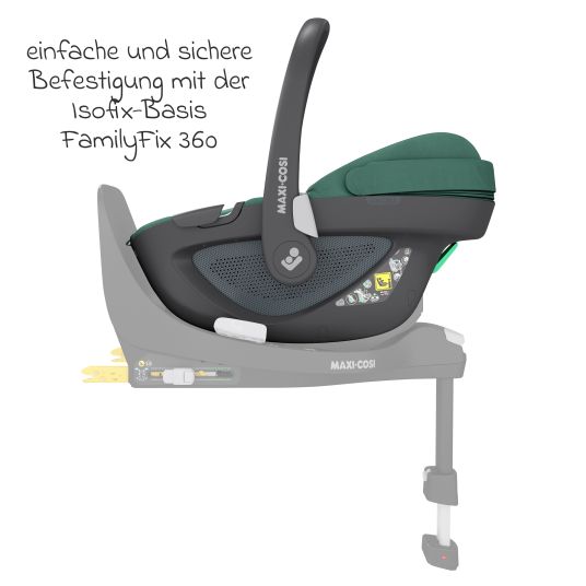 Maxi-Cosi Seggiolino auto girevole Pebble 360 i-Size dalla nascita a 15 mesi (40 cm - 83 cm) con base FamilyFix 360 Isofix, tappetino protettivo e panno per le coccole - Verde Essenziale