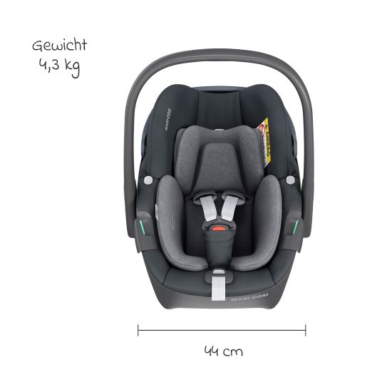 Maxi-Cosi Babyschale Pebble 360 i-Size drehbar ab Geburt - 15 Monate (40 cm - 83 cm) inkl. Isofix-Basis FamilyFix 360, Schutzunterlage & Schnullertasche - Essentiel Graphite