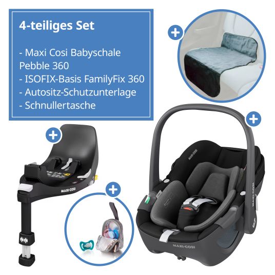Maxi-Cosi Pebble 360 i-Size swivel infant car seat from birth - 15 months (40 cm - 83 cm) incl. FamilyFix 360 Isofix base, protective mat & pacifier box - Essentiel Black