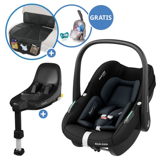 Maxi-Cosi Babyschale Pebble S i-Size ab Geburt - 15 Monate (40 cm - 83 cm) nur 3,4 kg leicht inkl. Isofix-Basis FamilyFix S, Schutzunterlage & Schnullertasche - Tonal Black