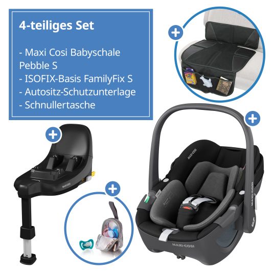 Maxi-Cosi Babyschale Pebble S i-Size ab Geburt - 15 Monate (40 cm - 83 cm) nur 3,4 kg leicht inkl. Isofix-Basis FamilyFix S, Schutzunterlage & Schnullertasche - Tonal Black