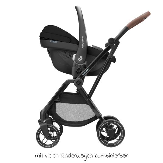 Maxi-Cosi Babyschale Pebble S i-Size ab Geburt - 15 Monate (40 cm - 83 cm) nur 3,4 kg leicht inkl. Isofix-Basis FamilyFix S, Schutzunterlage & Schnullertasche - Tonal Black