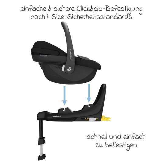 Maxi-Cosi Babyschale Pebble S i-Size ab Geburt - 15 Monate (40 cm - 83 cm) nur 3,4 kg leicht inkl. Isofix-Basis FamilyFix S, Schutzunterlage & Schnullertasche - Tonal Black