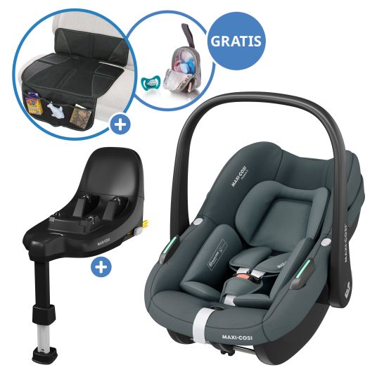 Maxi-Cosi Babyschale Pebble S i-Size ab Geburt - 15 Monate (40 cm - 83 cm) nur 3,4 kg leicht inkl. Isofix-Basis FamilyFix S, Schutzunterlage & Schnullertasche - Tonal Graphite