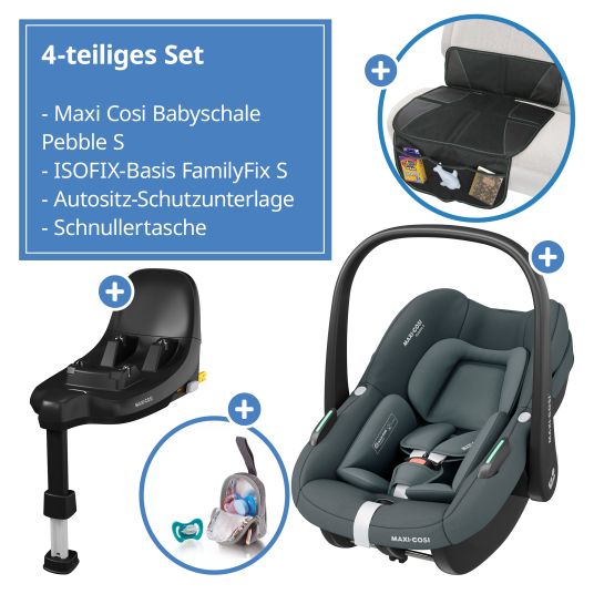 Maxi-Cosi Seggiolino auto Pebble S i-Size dalla nascita a 15 mesi (40 cm - 83 cm) leggero solo 3,4 kg con base FamilyFix S Isofix, tappetino protettivo e borsa portaciuccio - Tonal Graphite