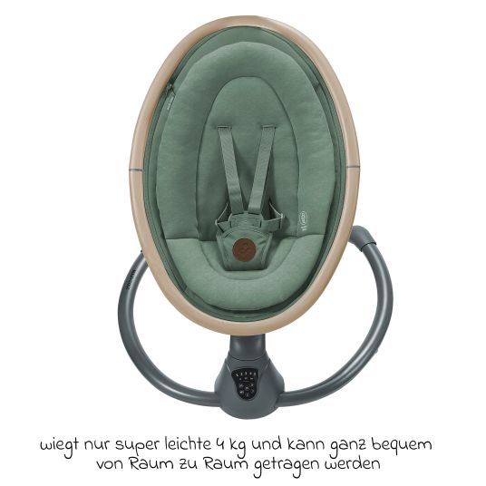 Maxi-Cosi Altalena per bambini Cassia Altalena leggera di soli 4 kg con 5 velocità di oscillazione, posizioni multiple di seduta e reclinazione 12 melodie e 2 giocattoli - Beyond Green Eco