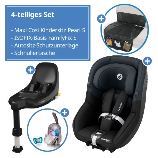 Maxi-Cosi Seggiolino auto Pearl S i-Size da 3 mesi a 4 anni (61 cm - 105 cm) con base FamilyFix S Isofix, cuscinetto protettivo e borsa portaciuccio - Nero Tonale