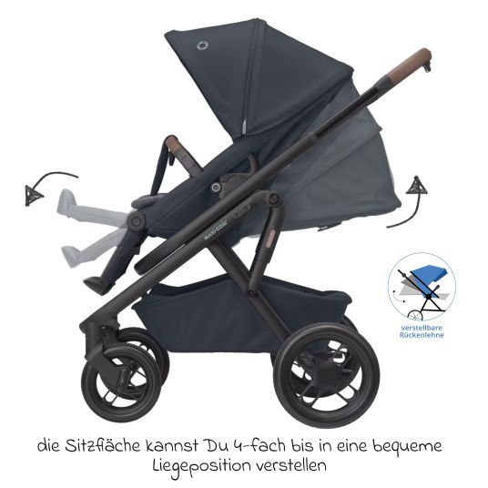 Maxi-Cosi Passeggino Lila XP Plus con navicella, capiente cesto XL fino a 10 kg, unità di seduta convertibile, fino a 22 kg - Essential Graphite