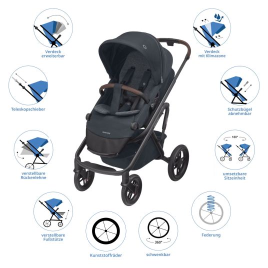 Maxi-Cosi Passeggino Lila XP Plus con navicella, capiente cesto XL fino a 10 kg, unità di seduta convertibile, fino a 22 kg - Essential Graphite