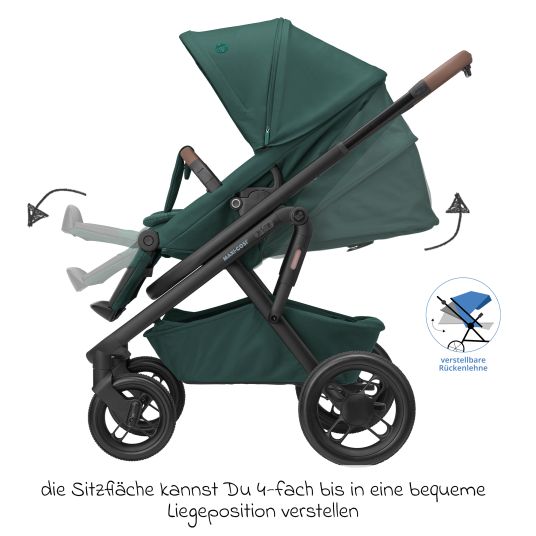 Maxi-Cosi Kombi-Kinderwagen Lila XP Plus inkl. Babywanne, geräumiger XL Korb bis 10 kg, umsetzbare Sitzeinheit, bis 22kg - Essential Green