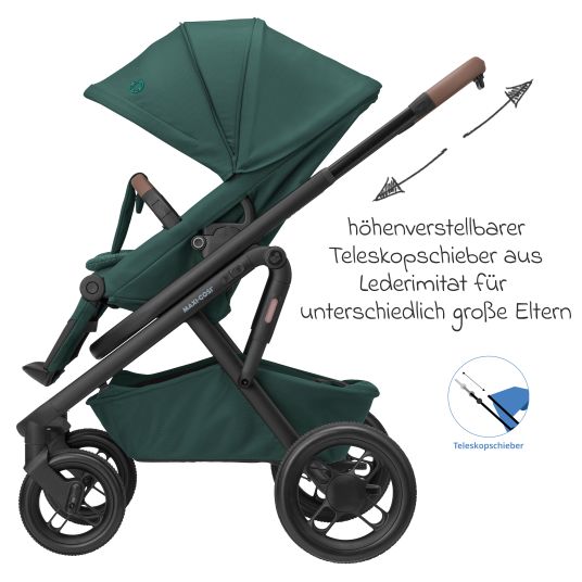 Maxi-Cosi Passeggino Lila XP Plus con navicella, capiente cesto XL fino a 10 kg, unità di seduta convertibile, fino a 22 kg - Essential Green